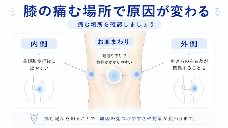 膝の内側、お皿まわり、外側の痛みの違いを説明する図解
