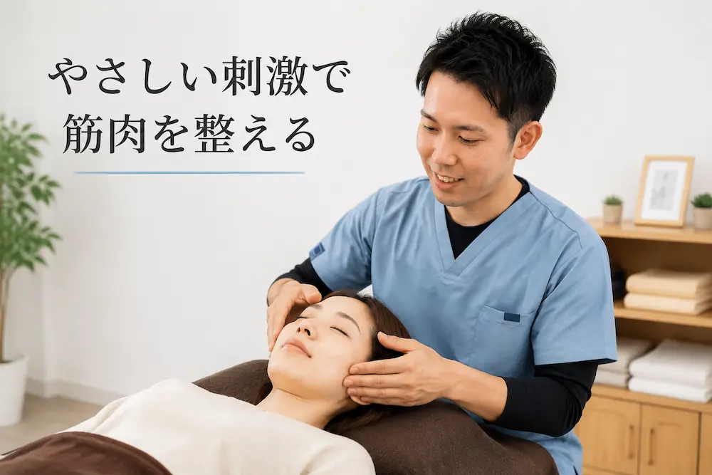 理学療法士がフェイスラインと側頭部へやさしく手を添えて施術している様子