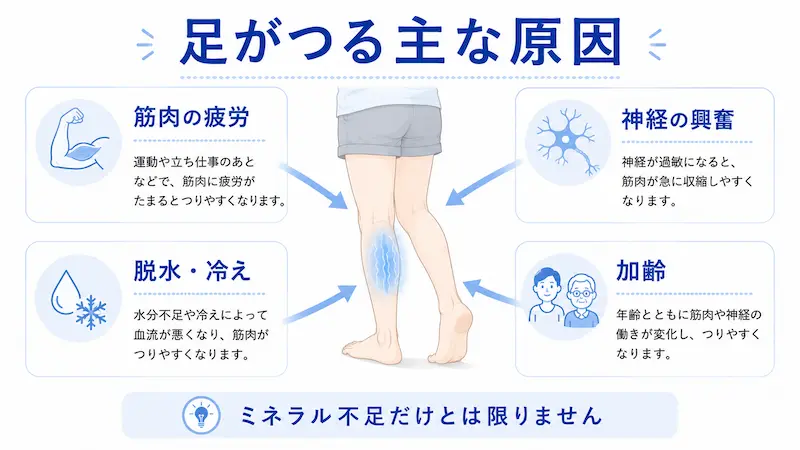 足がつる原因として筋肉の疲労、神経の働き、脱水や冷え、加齢を説明する図解