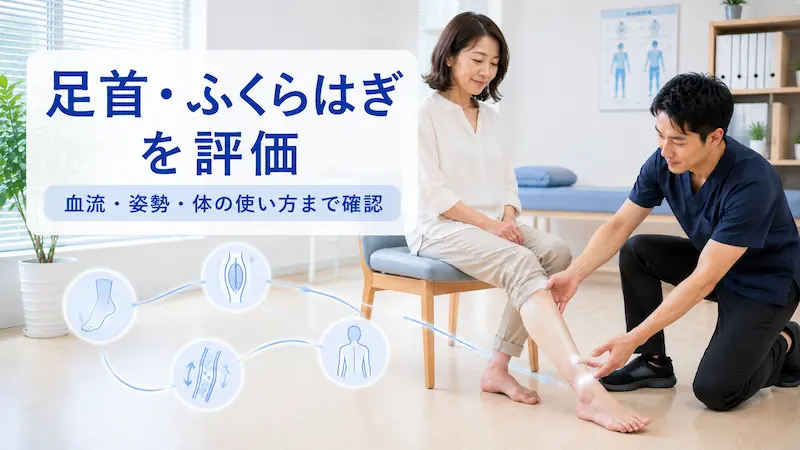 理学療法士がこむら返りに対してふくらはぎや足首、姿勢を評価している様子