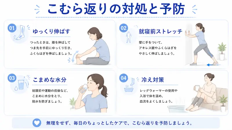 こむら返りの対処法と予防としてふくらはぎストレッチ、水分補給、冷え対策、足首運動を示した図解
