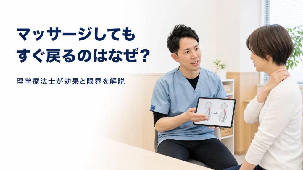 理学療法士がマッサージ後に肩こりがすぐ戻る理由を女性患者へ説明している様子