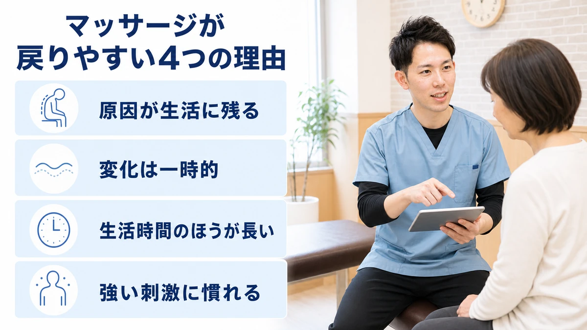マッサージ後にこりが戻りやすい4つの理由を理学療法士が説明している図