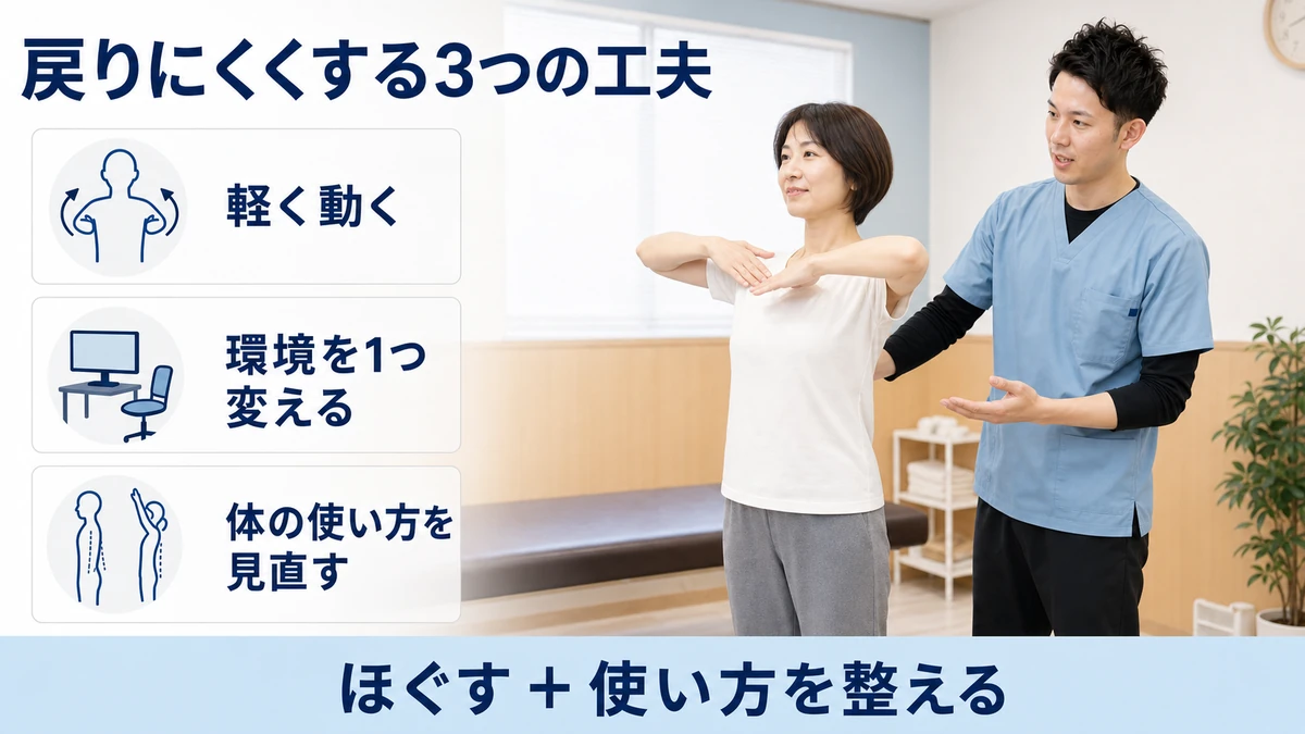 マッサージ後に戻りにくくする運動と体の使い方を理学療法士が指導している