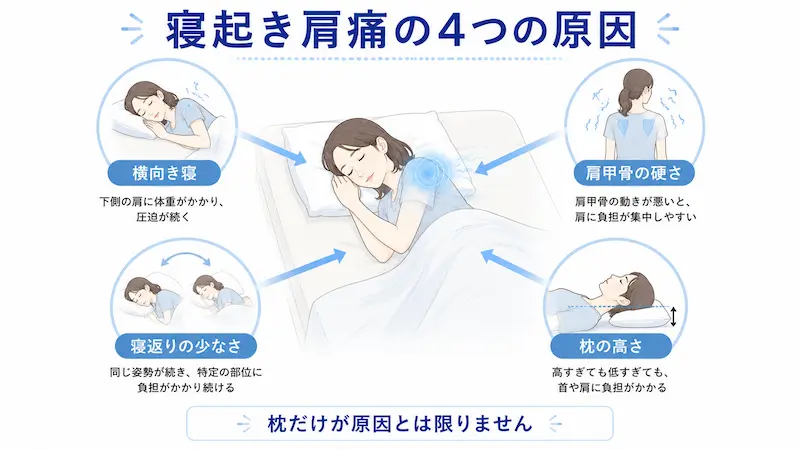 寝起きに肩が痛くなる原因として横向き寝、肩甲骨の硬さ、寝返りの少なさ、枕の高さを説明する図解