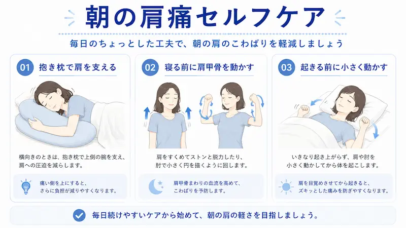 寝起きの肩の痛みを軽減するための抱き枕、肩甲骨ほぐし、起床前の小さな動きを示した図解