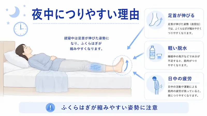 夜中や明け方に足がつりやすい理由として足首の姿勢、脱水、日中の疲労を説明する図解