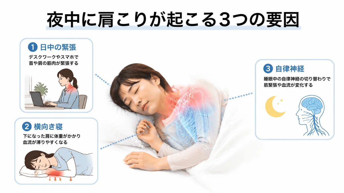 夜中に肩こりが起こる日中の緊張・横向き寝・自律神経の3つの要因