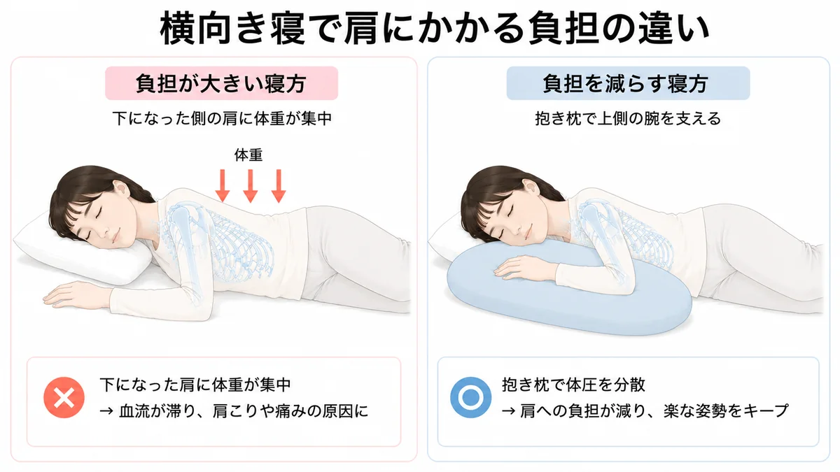 横向き寝で下側の肩にかかる負担と抱き枕を使った寝姿勢の比較