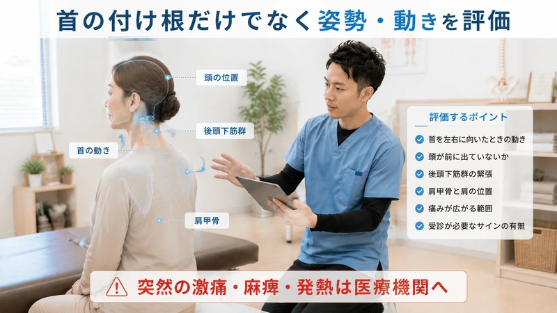 理学療法士が首の付け根の頭痛を評価している様子