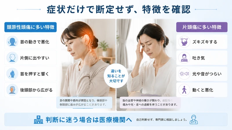 頚原性頭痛と片頭痛の特徴の違いを比較した図解