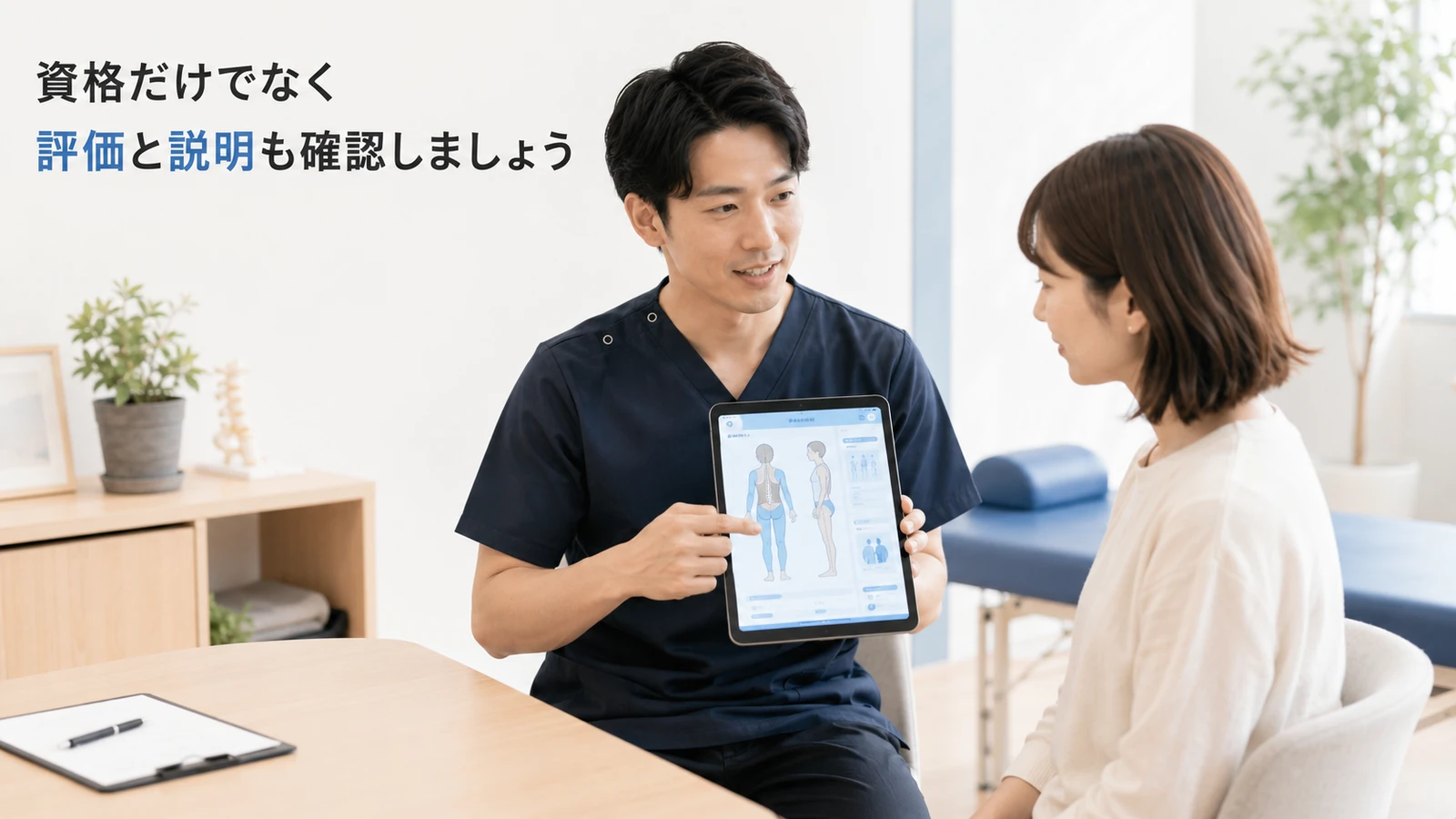 理学療法士が患者に姿勢や体の状態を評価して説明している様子