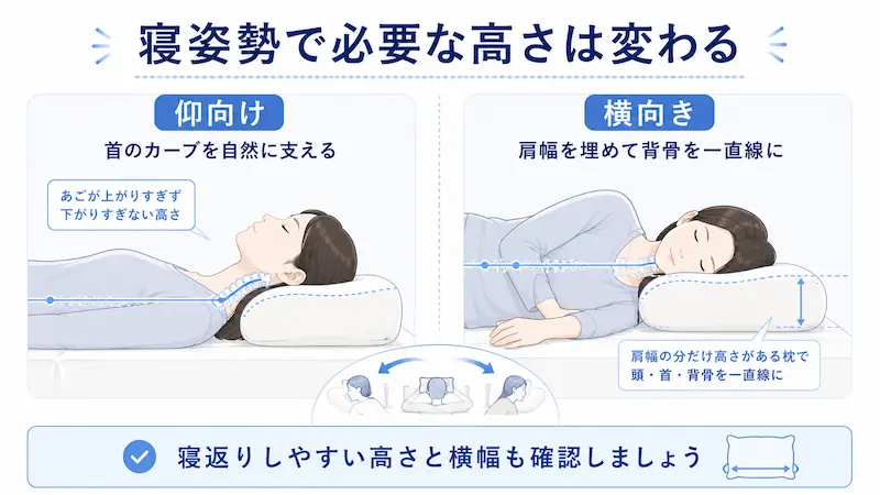 仰向け寝と横向き寝で必要な枕の高さや首の位置が異なることを示した図解