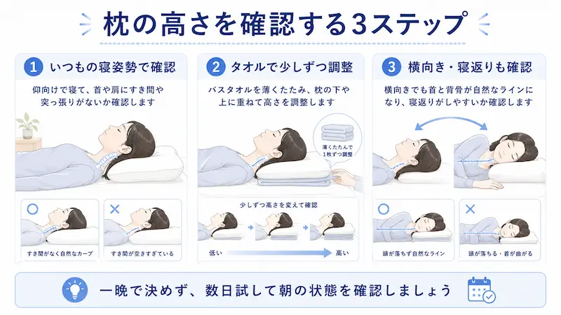 バスタオルで枕の高さを少しずつ調整し、仰向け・横向き・寝返りを確認する3ステップ