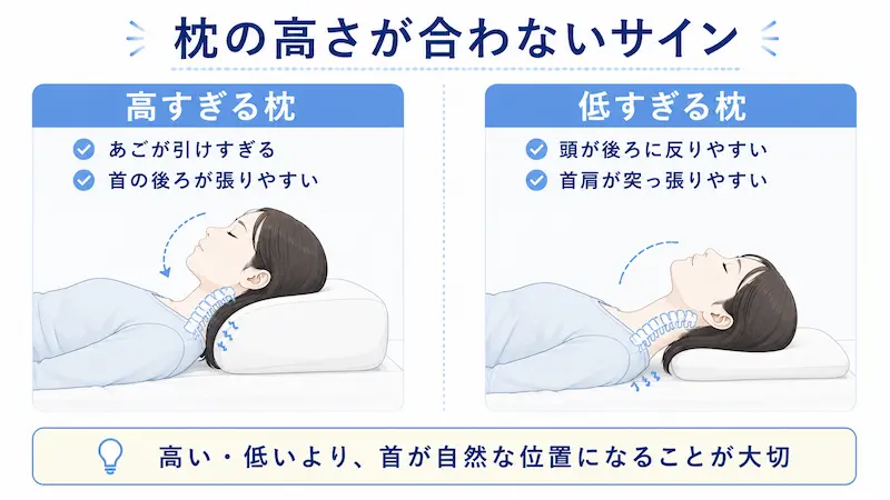 枕が高すぎる場合と低すぎる場合の首の角度や肩への負担を比較した図解