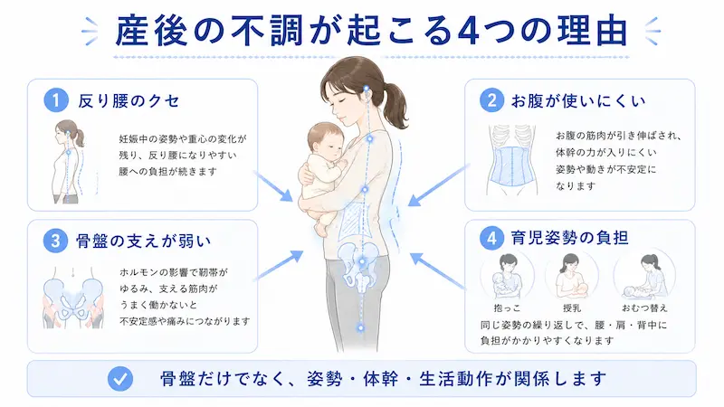 産後の反り腰、お腹の使いにくさ、骨盤の不安定感、育児姿勢の負担を説明する図解