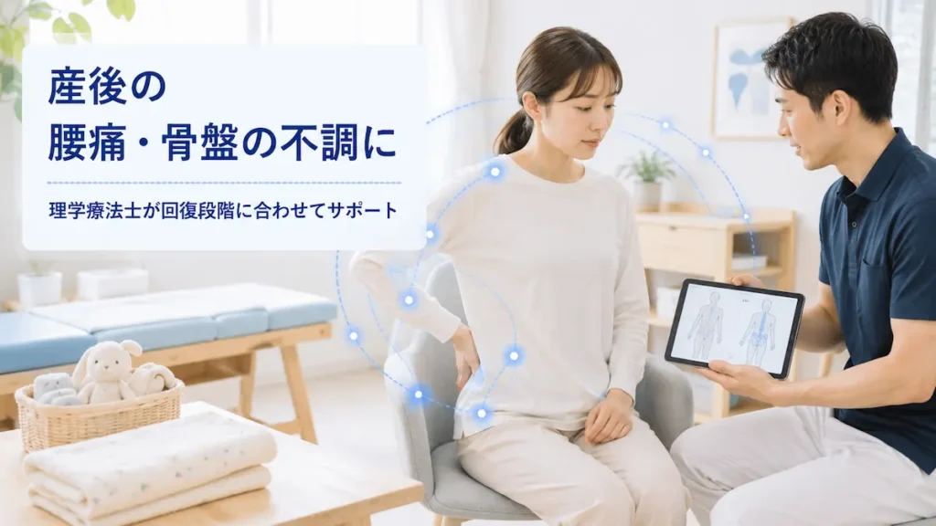 産後の腰痛や骨盤の不安定感について理学療法士へ相談している女性