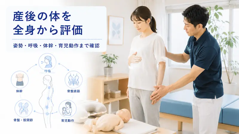 理学療法士が産後女性の姿勢、呼吸、体幹、骨盤、股関節、育児動作を確認している様子