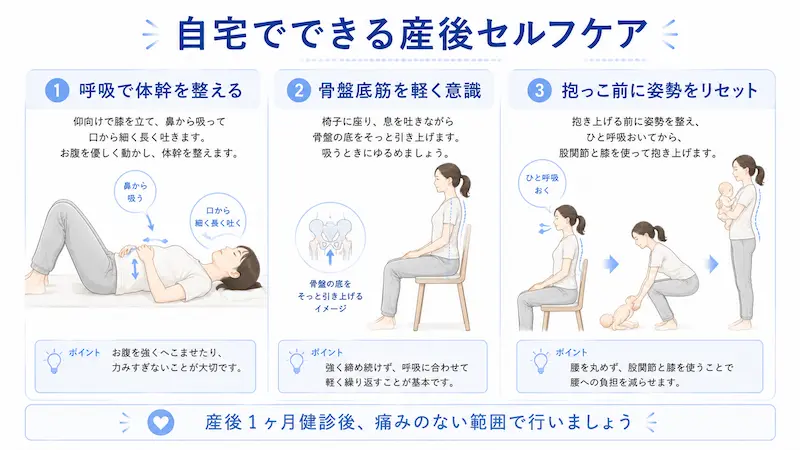 産後女性が呼吸運動、骨盤底筋の意識づけ、抱っこ前の姿勢リセットを行うセルフケア図解