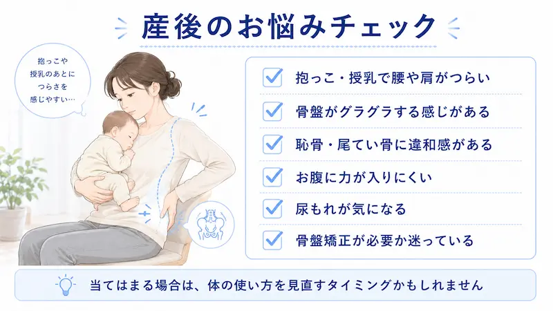 抱っこや授乳による腰肩の痛み、骨盤の不安定感、尿もれなど産後の悩みを確認するチェックリスト
