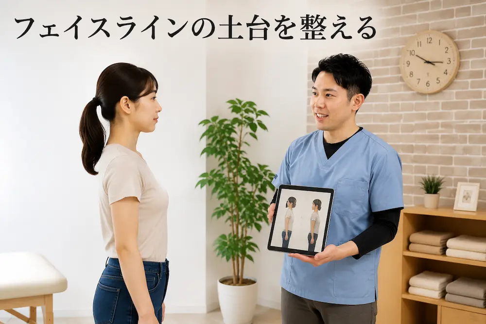理学療法士が姿勢を評価しタブレットで横向き姿勢を確認している様子
