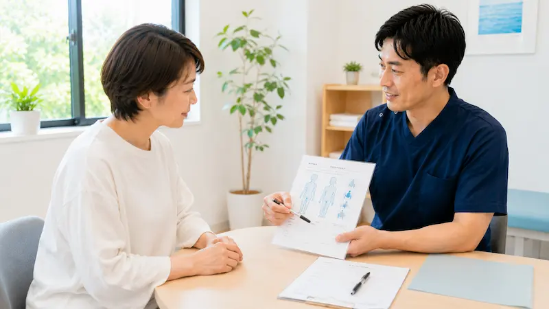 整体前に評価シートを使って首や肩の状態を説明している様子