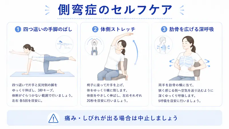 側弯症のセルフケアとして体幹運動、体側ストレッチ、深呼吸を行う図解