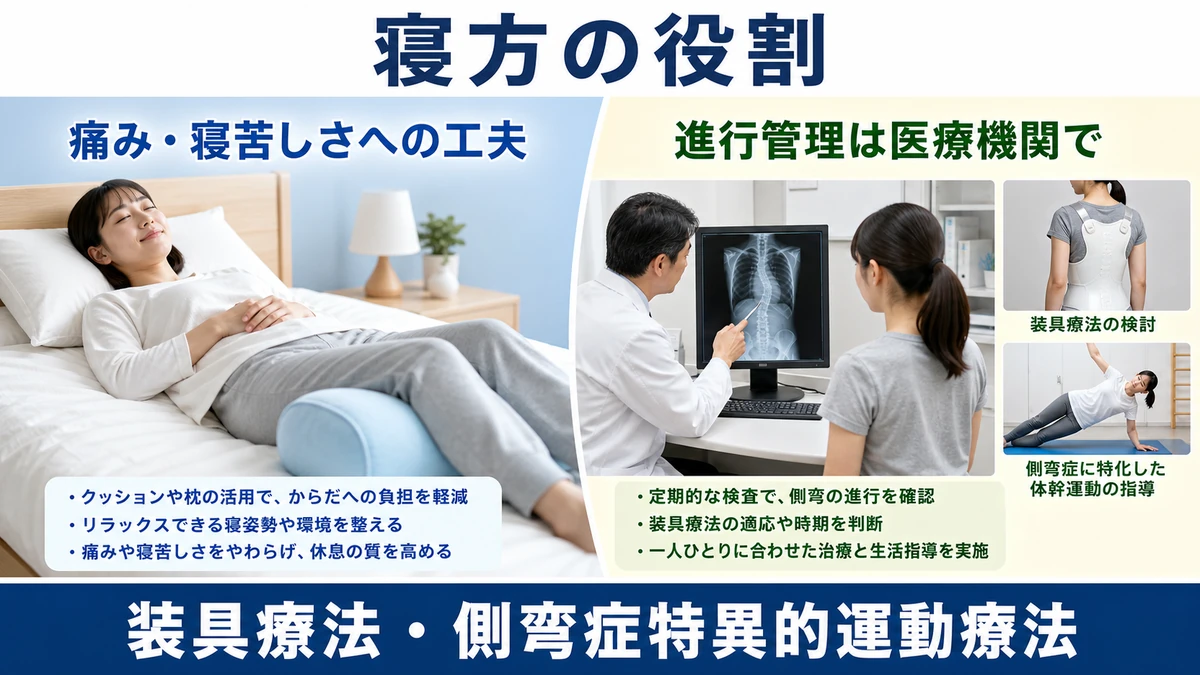 側弯症の寝方は快適さの工夫であり、進行管理は装具療法や運動療法が中心であることを示した図