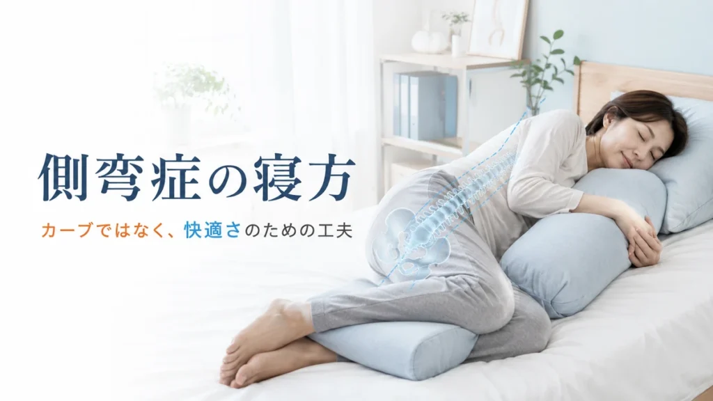 側弯症の女性が膝の間にクッションを挟み、横向きの寝方を試している様子
