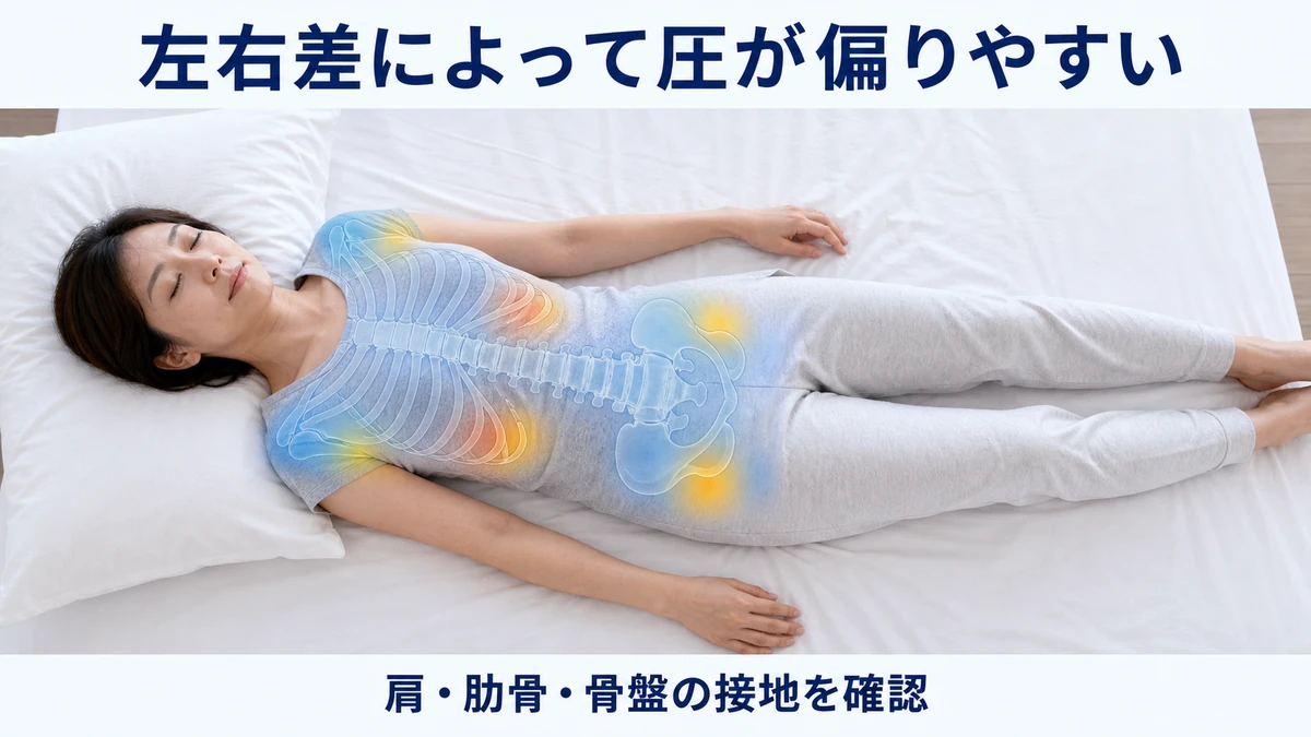側弯症で仰向けに寝たときの肩・肋骨・骨盤への接地圧の偏りを示した図