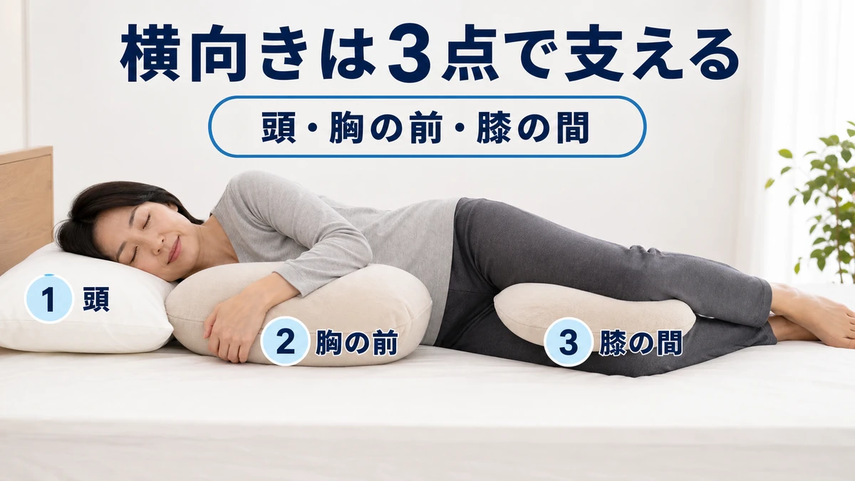 側弯症の女性が枕・抱き枕・膝の間のクッションを使って横向きで寝ている様子