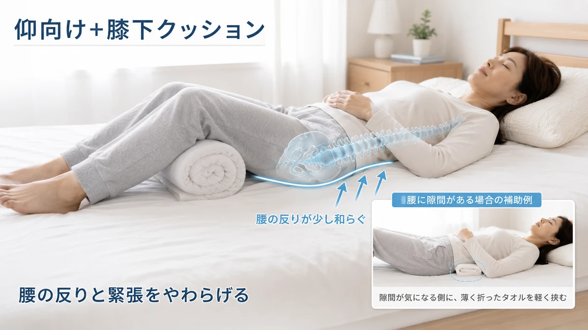 側弯症の女性が仰向けで膝下にクッションを置いて寝ている様子