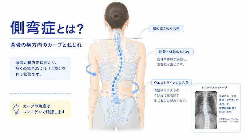 側弯症の背骨の横方向のカーブと体幹のねじれを説明する図解