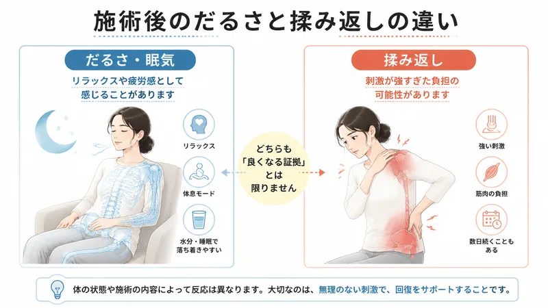 施術後のだるさや眠気と揉み返しの違いを比較した医療教育図