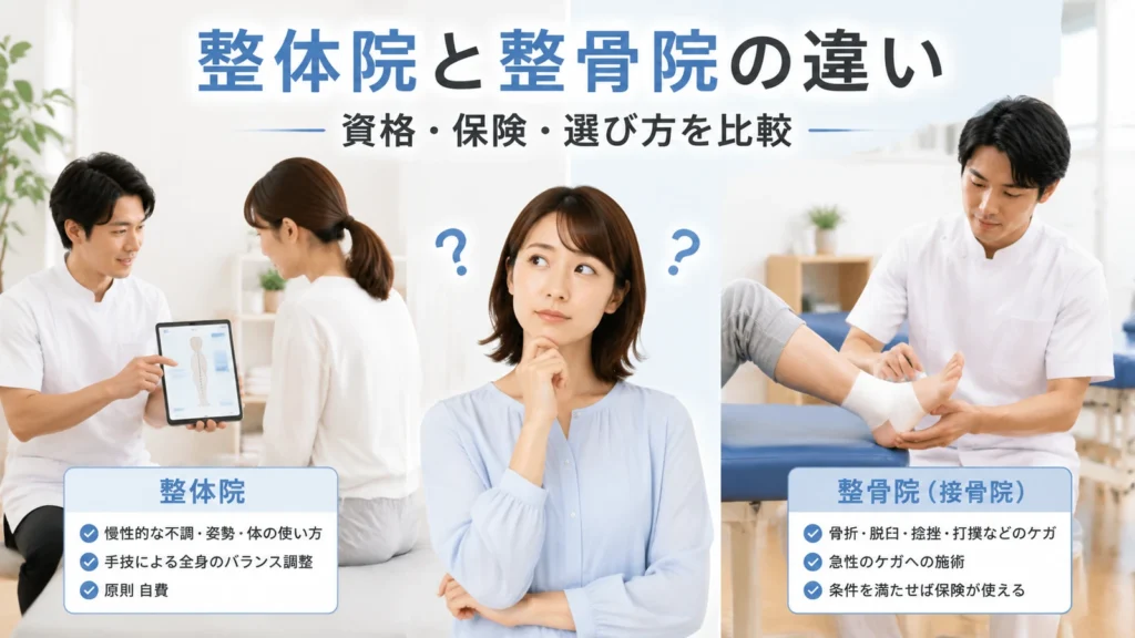 整体院と整骨院の資格や保険適用、選び方の違いを比較するイメージ