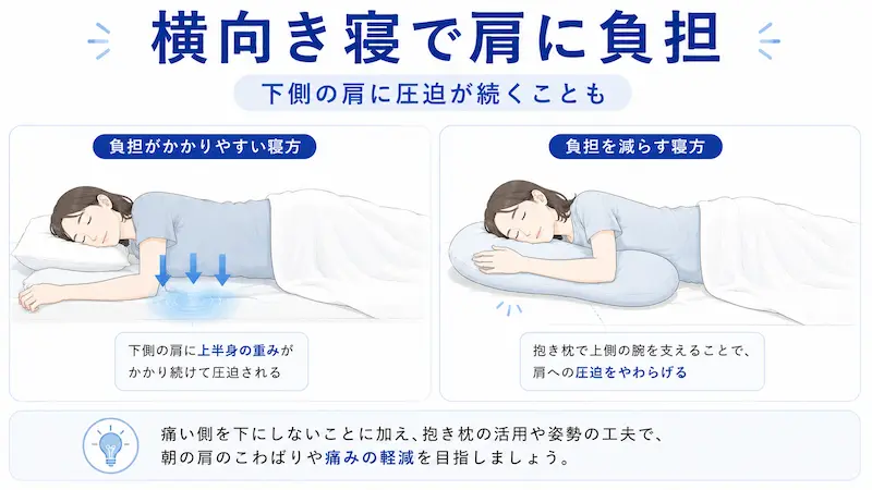 横向き寝で下側の肩に体重がかかり肩の痛みにつながるイメージ図