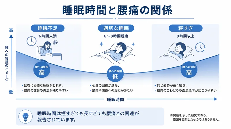睡眠時間が短すぎても長すぎても腰痛と関連する可能性を示した図解