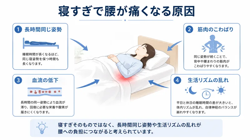 寝すぎによる腰痛に関係する長時間同じ姿勢や筋肉のこわばりなど4つの要因