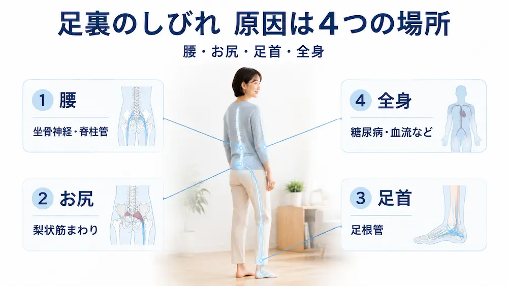 足裏のしびれの原因を腰・お尻・足首・全身の4つに分けて説明する医療教育図解