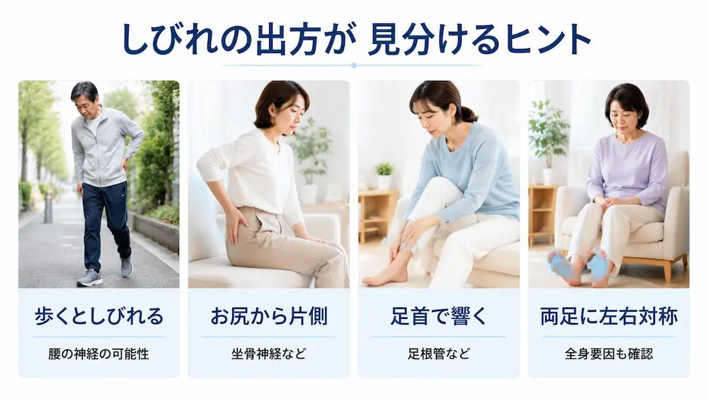 歩くとしびれる、お尻から片側、足首で響く、両足に出る足裏のしびれの特徴を示した図解