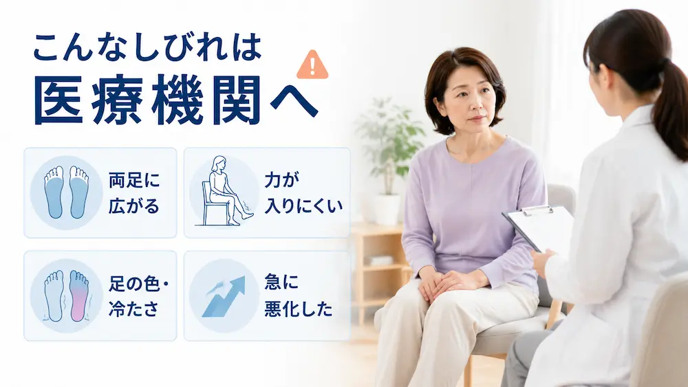 足裏のしびれで医療機関への相談が必要なサインを説明する女性と注意アイコンの画像