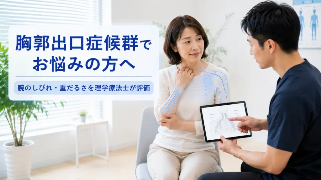 鹿児島市で胸郭出口症候群による腕のしびれや重だるさに悩む女性と理学療法士の説明場面