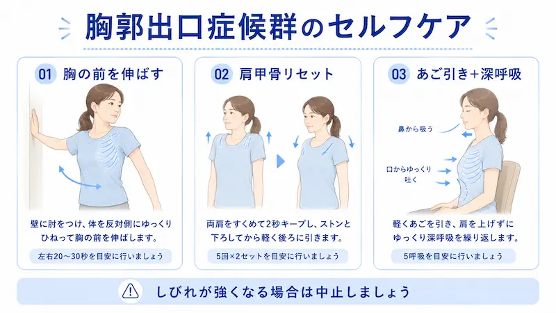 胸郭出口症候群のセルフケアとして胸の前のストレッチ、肩甲骨リセット、あご引き深呼吸を説明する図解