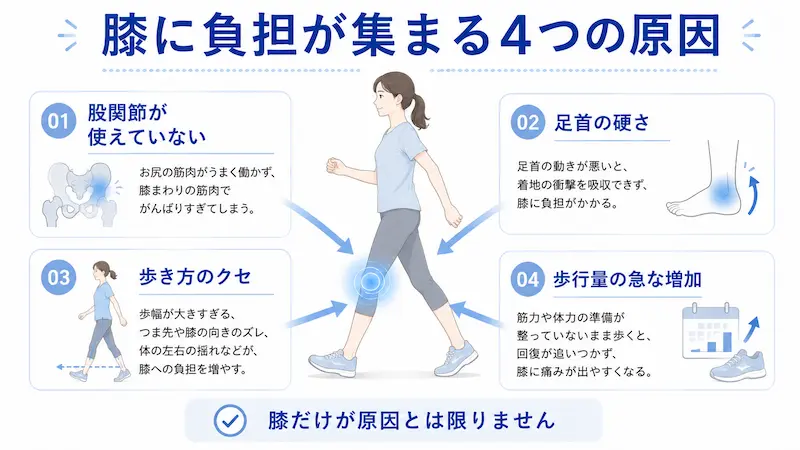 歩きすぎで膝が痛くなる原因として股関節、足首、歩き方、歩行量を説明する図解