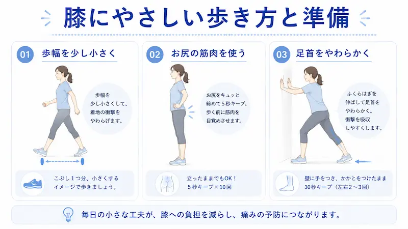 歩きすぎによる膝の痛みを防ぐ歩幅の調整、お尻の筋肉、足首ストレッチのセルフケア図解