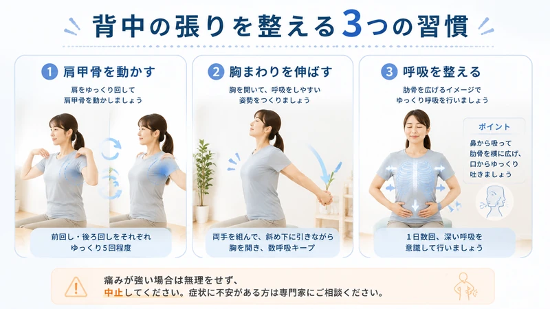 肩甲骨を動かす、胸を開く、呼吸を整える背中のセルフケア方法
