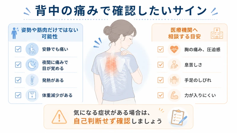 背中の痛みで医療機関への相談が必要な症状を示したチェックリスト
