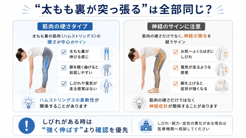 前屈時の太もも裏の突っ張りが筋肉の硬さか神経症状かを見分けるポイントの図解