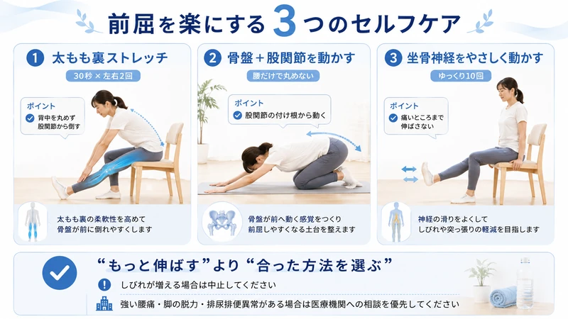 前屈を楽にする太もも裏ストレッチ骨盤股関節運動坐骨神経滑走の3つのセルフケア