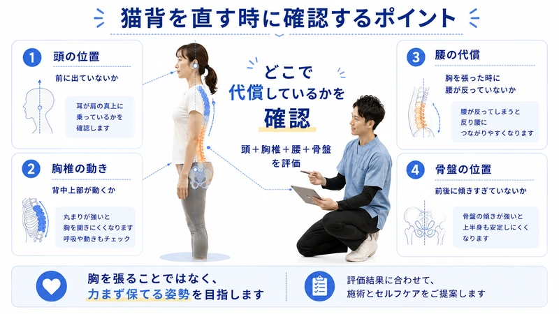 猫背を直す時に確認する頭の位置胸椎の動き腰の代償骨盤の位置の評価図解
